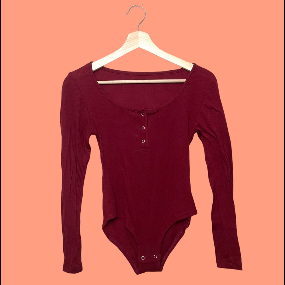 3 for $12 Burgundy Red Long Sleeve Button Up Body Suit